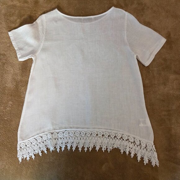 Terzo Millennio 100% Linen Pullover Top Size S White Made in Italy Crochet Trim - Picture 2 of 8
